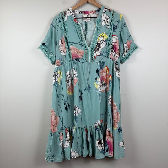 Jaase Mini Dress Womens Large Blue Multi Floral Tiered Bohemian Colorful Cottage - Picture 1 of 9